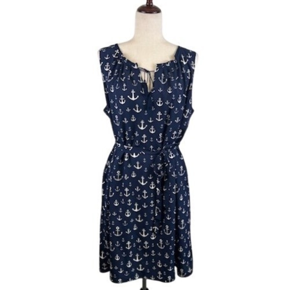 Tommy Hilfiger Navy‎ Blue Anchor Nautical Sleeveless Tie Waist Dress Size XL